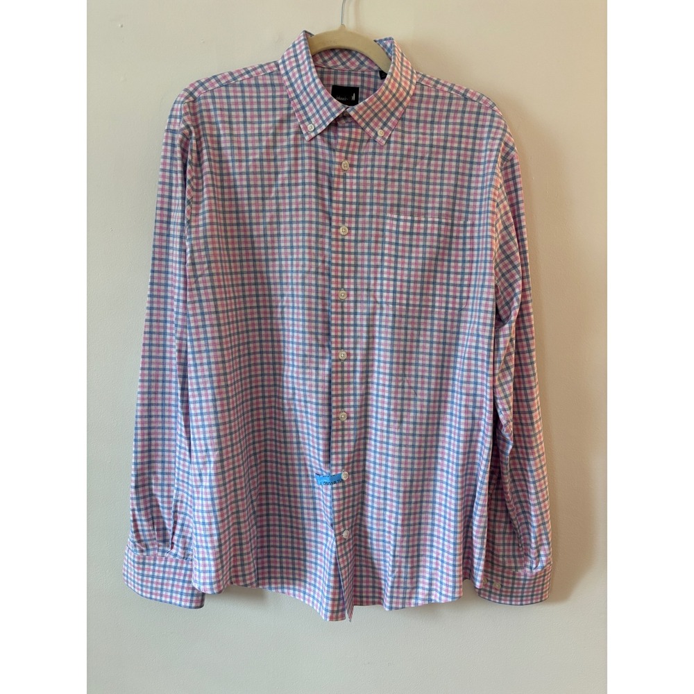 Johnnie-O Performance Pink Blue Gingham Button Down Shirt Stretch Mens Medium